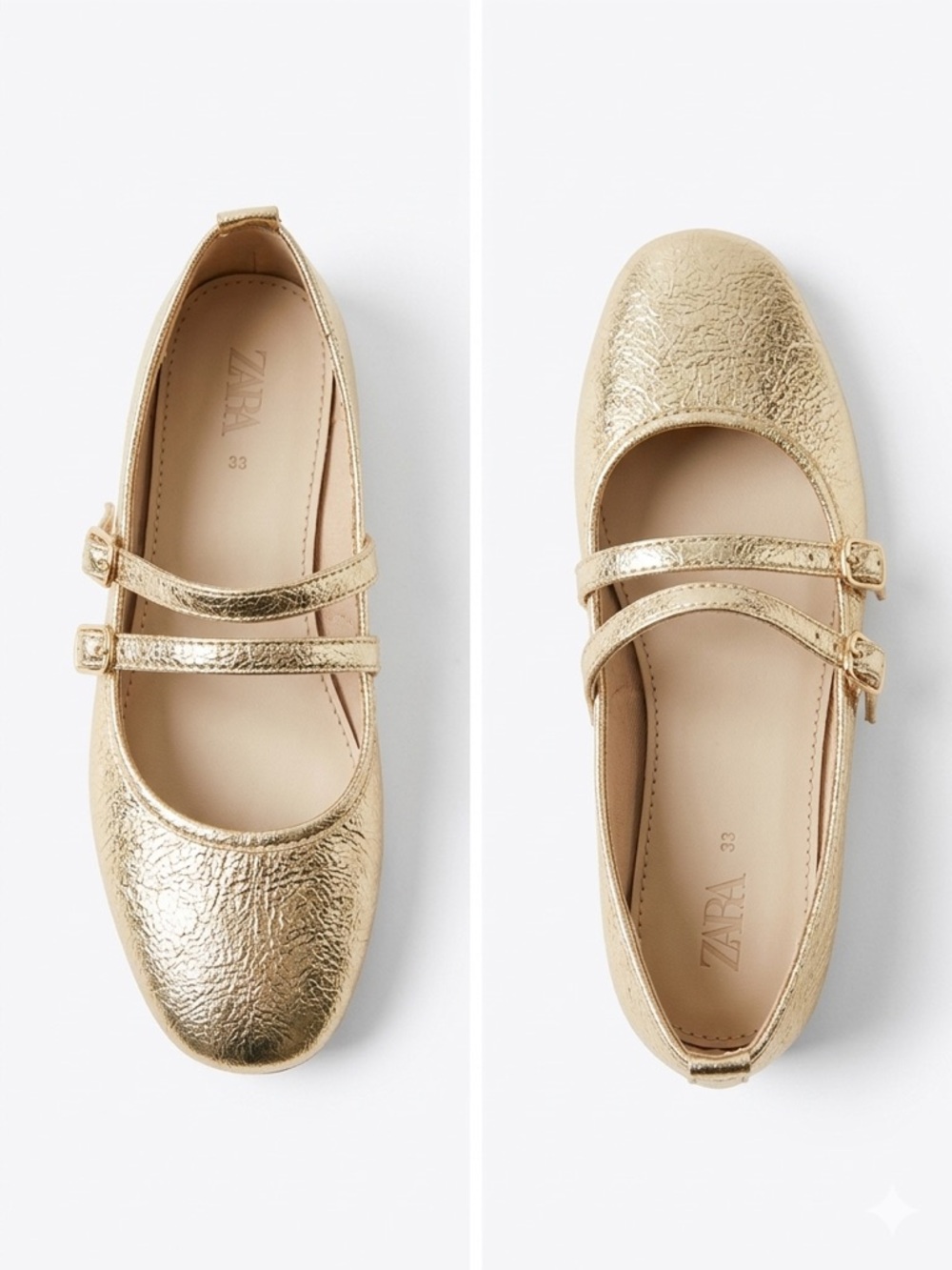 Zara Metallic Gold Double-Strap Mary Jane Flats